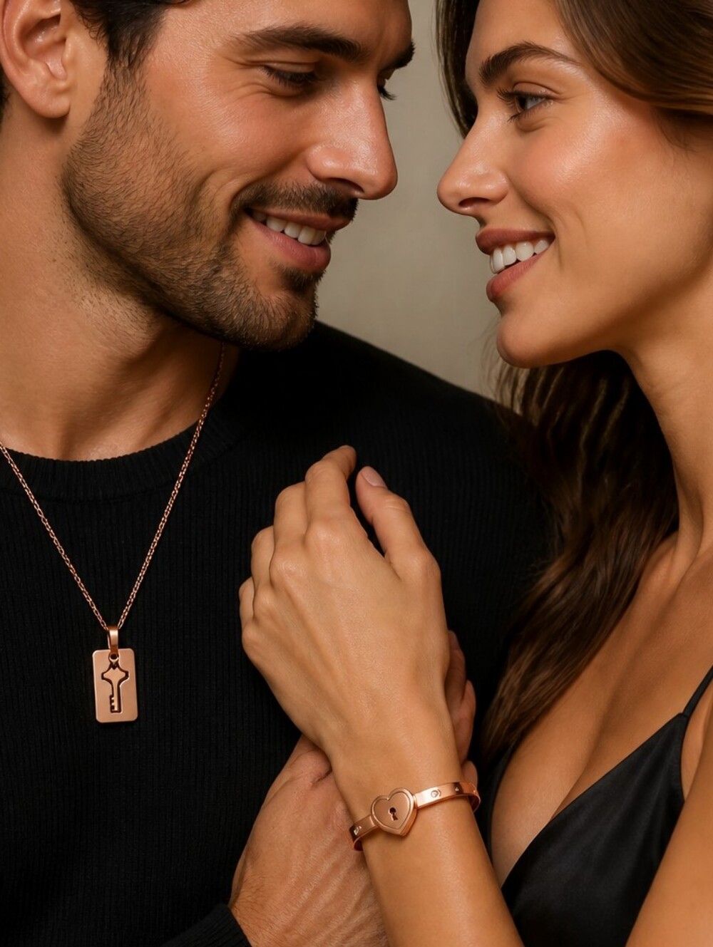 Rose Gold Heart Lock Key Couple Jewelry Set Bracelet Necklace Romantic Love Gift